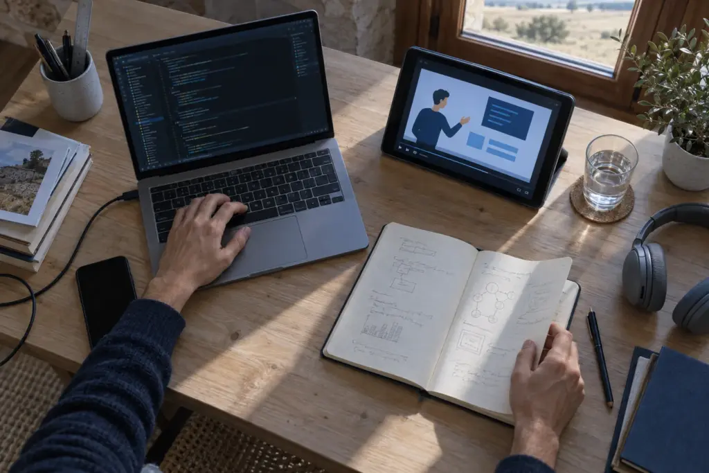 Mesa compartida con un portátil, una tableta que reproduce una lección en vídeo y un cuaderno de apuntes