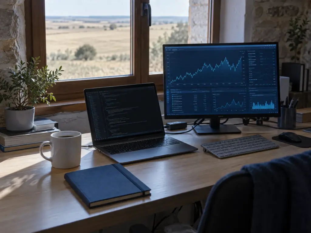 Puesto de trabajo con un portátil y un monitor con gráficas de monitorización, junto a una ventana que da al campo